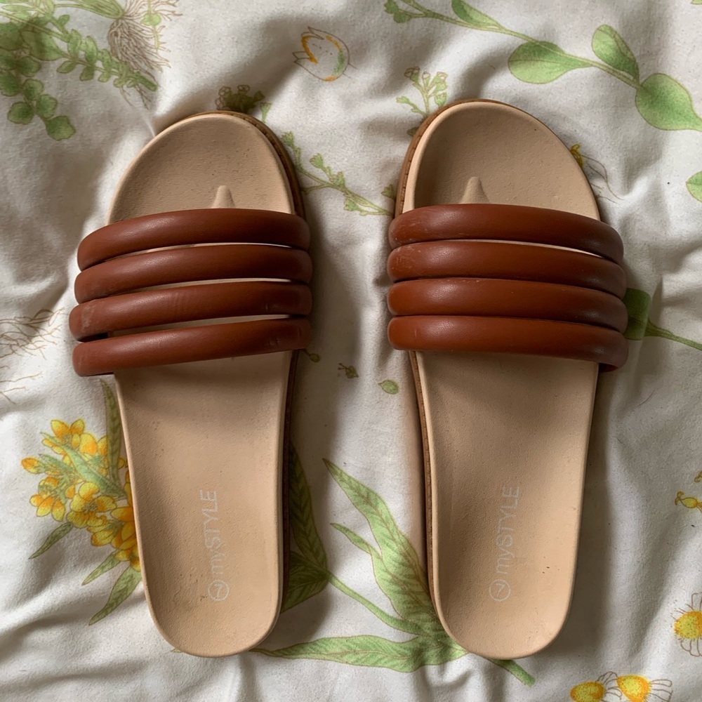Faux Leather Strapped Slides - Size 7